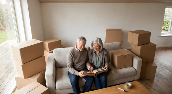 Senior Scandinavian couple smiling while looking at old photo album surrounded by moving boxes