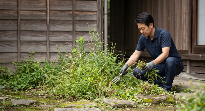 Japanese man kneeling in traditional garden using weeding tool to clear overgrown grass