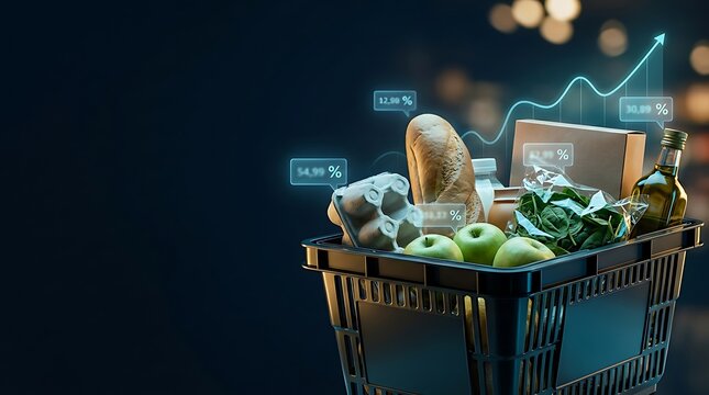 Conceptual image of a shopping basket with groceries and rising