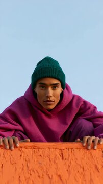 Person in bright magenta hoodie and green beanie leaning over an orange ramp against clear blue sky for portrait background and banner design