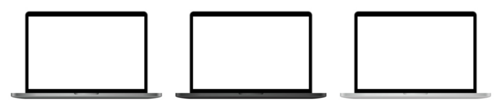 Mockup of a monitor. Silver, black, and white laptops. Computer display with an empty screen isolated on transparent background
