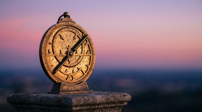 Vintage brass astrolabe resting on a weathered stone pillar against a serene twilight sky with soft pink and purple gradients. 