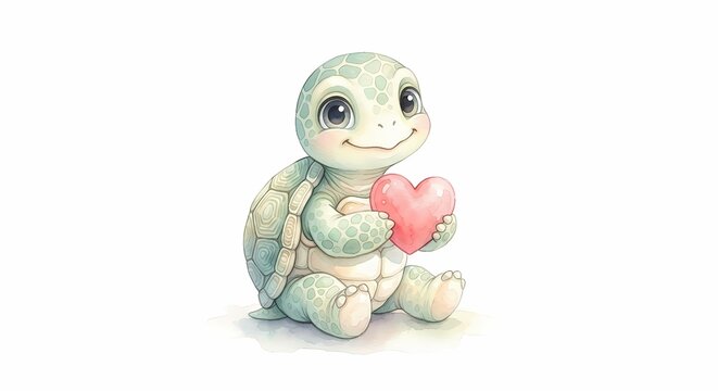 Cute baby turtle sitting and holding a pink heart watercolor illustration isolated on white background