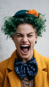 Closeup portrait of person with green curly hair and open mouth scream wearing mustard coat and sparkly bow tie for vibrant fashion portrait background and editorial use