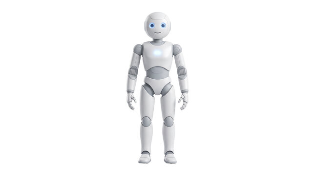 Futuristic white humanoid robot with blue eyes, friendly artificial intelligence android, sleek robotic character for technology concepts isolated PNG with Transparent Background