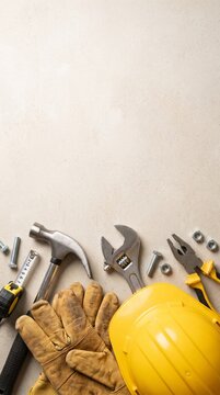 Construction safety equipment and hand tools forming a bottom border on a light beige concrete floor