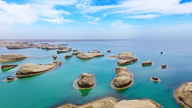 Aerial drone shot of water yardang landforms surrounded by turquoise water in the Qaidam Basin, Qinghai, China