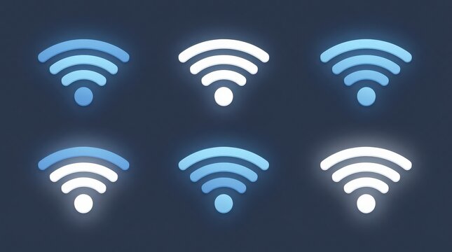 Six glowing Wi-Fi symbols in blue and white on a dark background, representing wireless internet connectivity.