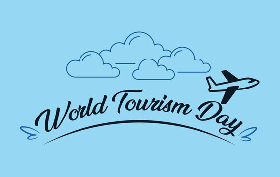World Tourism Day Celebration with Airplane and Clouds Illustration
