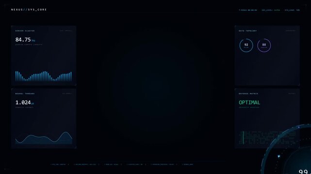Futuristic holographic operating system interface representing enterprise technology, digital transformation, data management, automation, software systems, and business innovation.