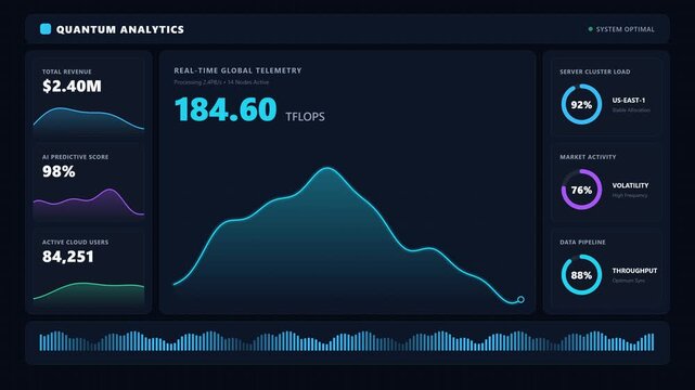 Futuristic data dashboard with digital charts and analytics, representing business intelligence, data analysis, technology, performance metrics, and real-time information.