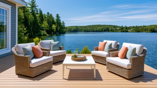 Outdoor patio furniture on waterfront deck enjoying lake view