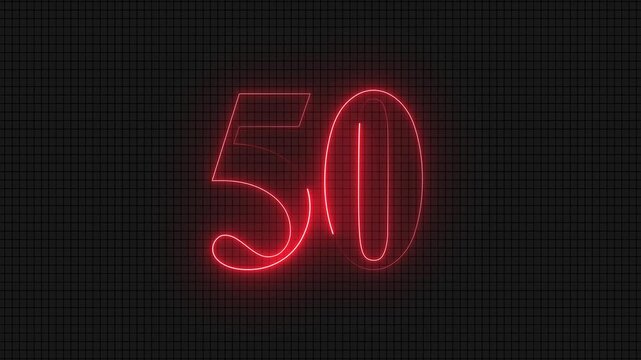 Glowing neon number 50 on dark grid background
