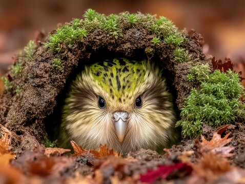 苔むした土のトンネルから顔を出すふわふわ羽毛の珍しいカカポの愛らしい生態写真