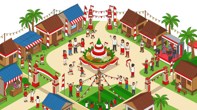 Isometric Indonesian village festival with Panjat Pinang celebration.
