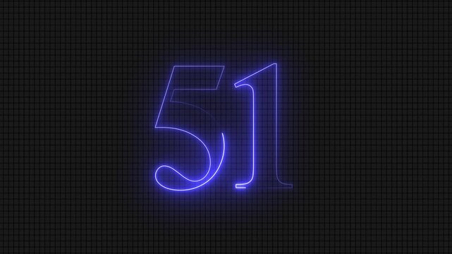 Neon blue glowing number fifty one on dark grid
