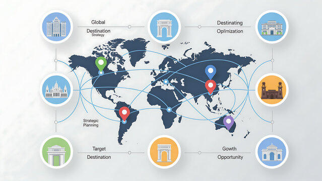 Global destination strategy and market growth opportunity world map with icons