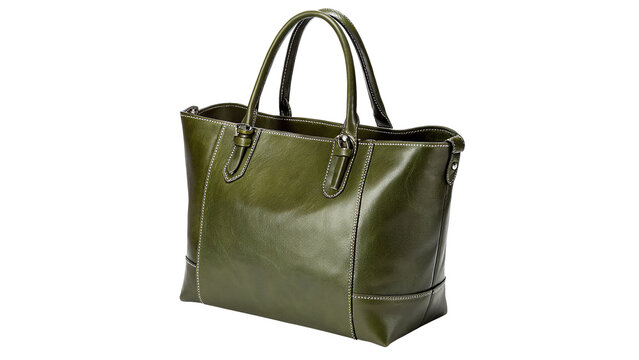 Modern luxury green leather tote handbag for women isolated on transparent background