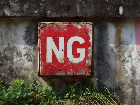 錆びた赤いNG看板が語る立ち入り禁止と警告を感じさせる古びたコンクリート壁の風景