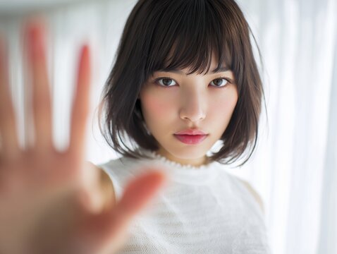 手を前に出して見つめる女性の真剣なまなざしが印象的なコミュニケーションの瞬間