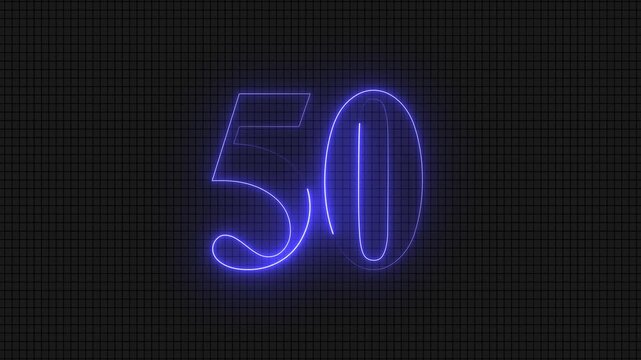 Glowing neon number fifty on dark grid background