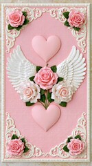 Fototapeta premium Pink hearts and roses with angel wings on textured background