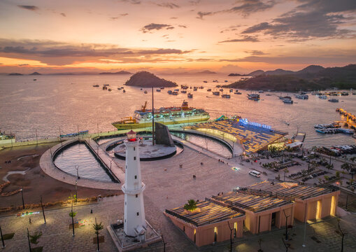 Aerial view of the night scene of the coastal port city of Komodo Labuan Bajo, Indonesia