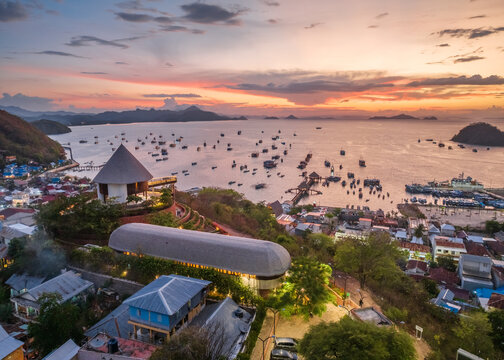 Aerial view of the night scene of the coastal port city of Komodo Labuan Bajo, Indonesia