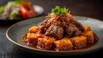 Fototapeta premium Savory Beef Stew with Crispy Rice Cakes Garnished with Fresh Herbs Delicious Asian Fusion Cuisine