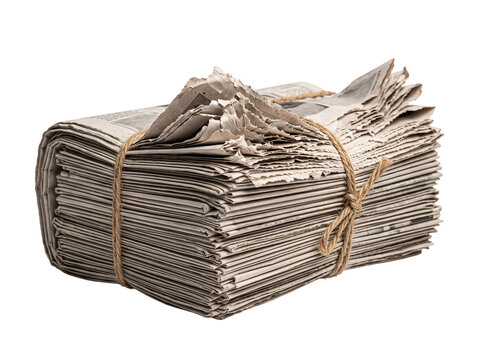 Bound bundle of newspapers with headline section violently ripped away on transparent background