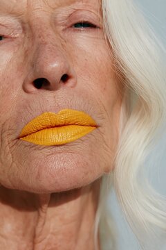 Tight close up portrait of an elderly woman with textured skin and yellow lipstick for beauty and skincare background