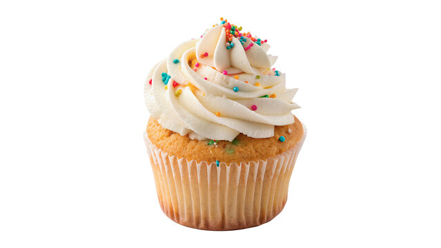 Sweet vanilla cupcake with white cream frosting and colorful sprinkles isolated on transparent background