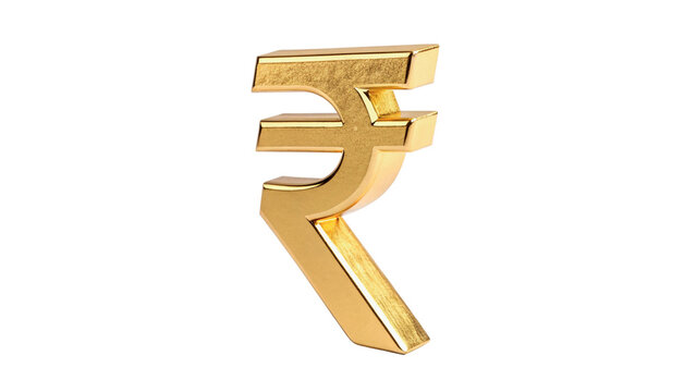 Golden three dimensional Indian Rupee currency symbol isolated on transparent background