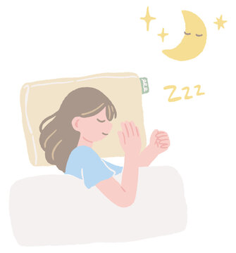 Hand-drawn illustration of a woman sleeping comfortably in bed / ベッドで心地よくぐっすり眠る女性の手描きイラスト