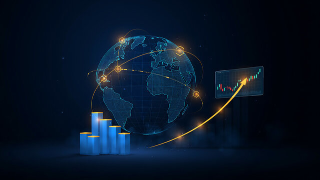 Global financial growth with stock chart and bar graph illustration on digital network background