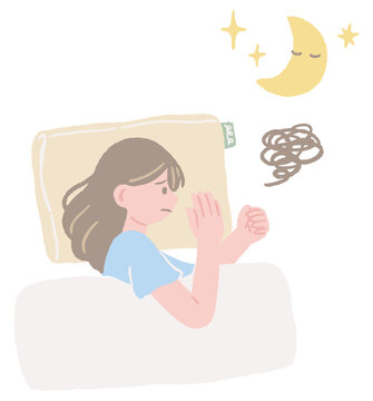 Hand-drawn illustration of an insomniac woman having trouble sleeping in bed at night / 夜ベッドで眠れずに悩む不眠の女性の手描きイラスト