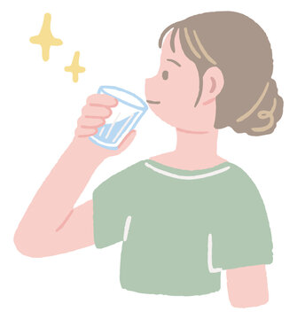 Hand-drawn illustration of a woman drinking a glass of water for hydration / コップ一杯の水を飲んで水分補給する女性の手描きイラスト