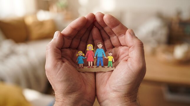 Man holding a paper cutout of a family in cupped hands, representing protection and safety