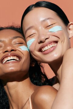 Diverse smiling women skincare beauty vertical closeup with aqua under eye cream patches for poster background and wellness design
