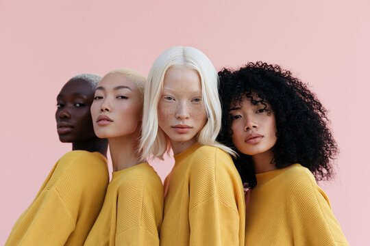 Multicultural female portrait lineup in mustard sweaters on pastel pink background for fashion campaign banner and lifestyle design