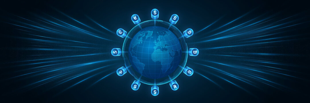 Digital globe with dollar signs connected by futuristic network lines