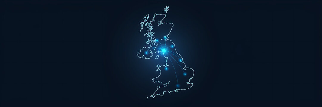 United kingdom map with glowing city lights connected by blue lines on dark background