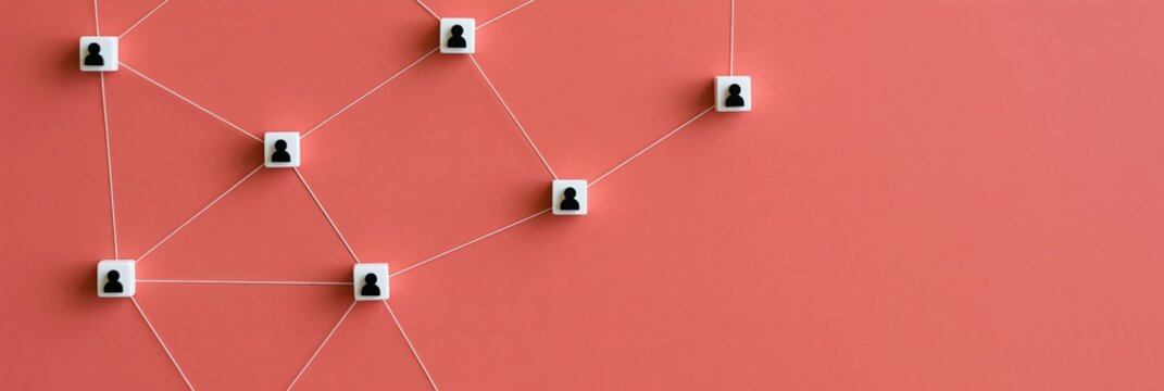 Connected user icon network on coral background for business network banner and web background design
