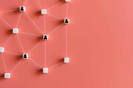 Vertical network of connected user nodes on coral background with white square links for design layout