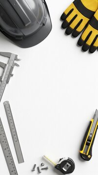 Various industrial hand tools neatly organized forming a side border on a white backdrop