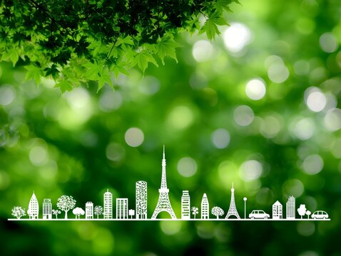 新緑の中に描かれた都市シルエットが自然と共生する未来社会を象徴するビジュアル