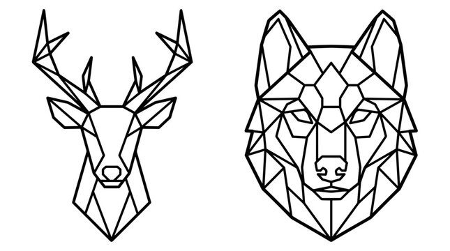 Geometric line art illustration of a deer head and a wolf head, modern graphic design, isolated on white background