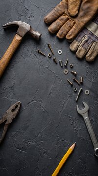 Rustic flat lay featuring old metal tools and safety gloves on a dark textured concrete background