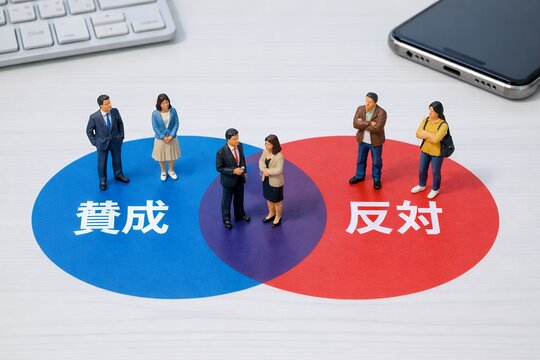 賛成と反対に分かれた意見を人物配置で可視化した意思決定と合意形成のビジネスイメージ