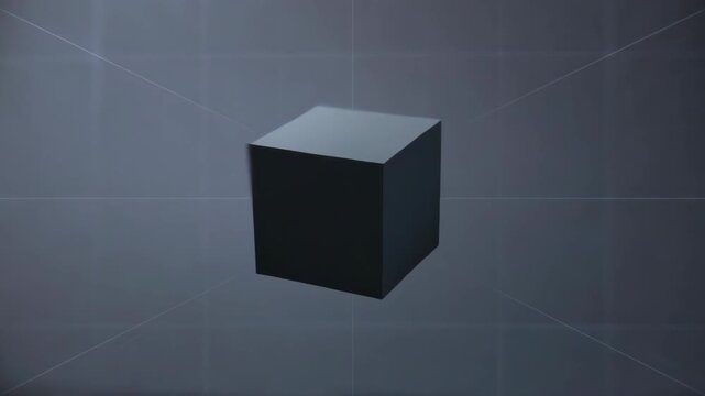 Floating dark cube in minimalistic style on dark gradient background, concept of abstraction and geometry